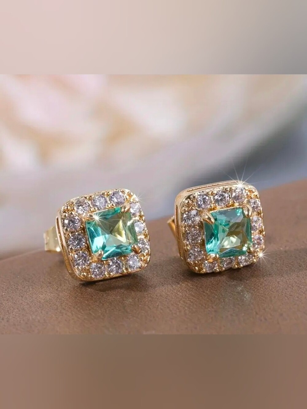 $8 Each Or Bundle 5/$20 Gold Plated Square Emerald-Center Halo Stud Earrings